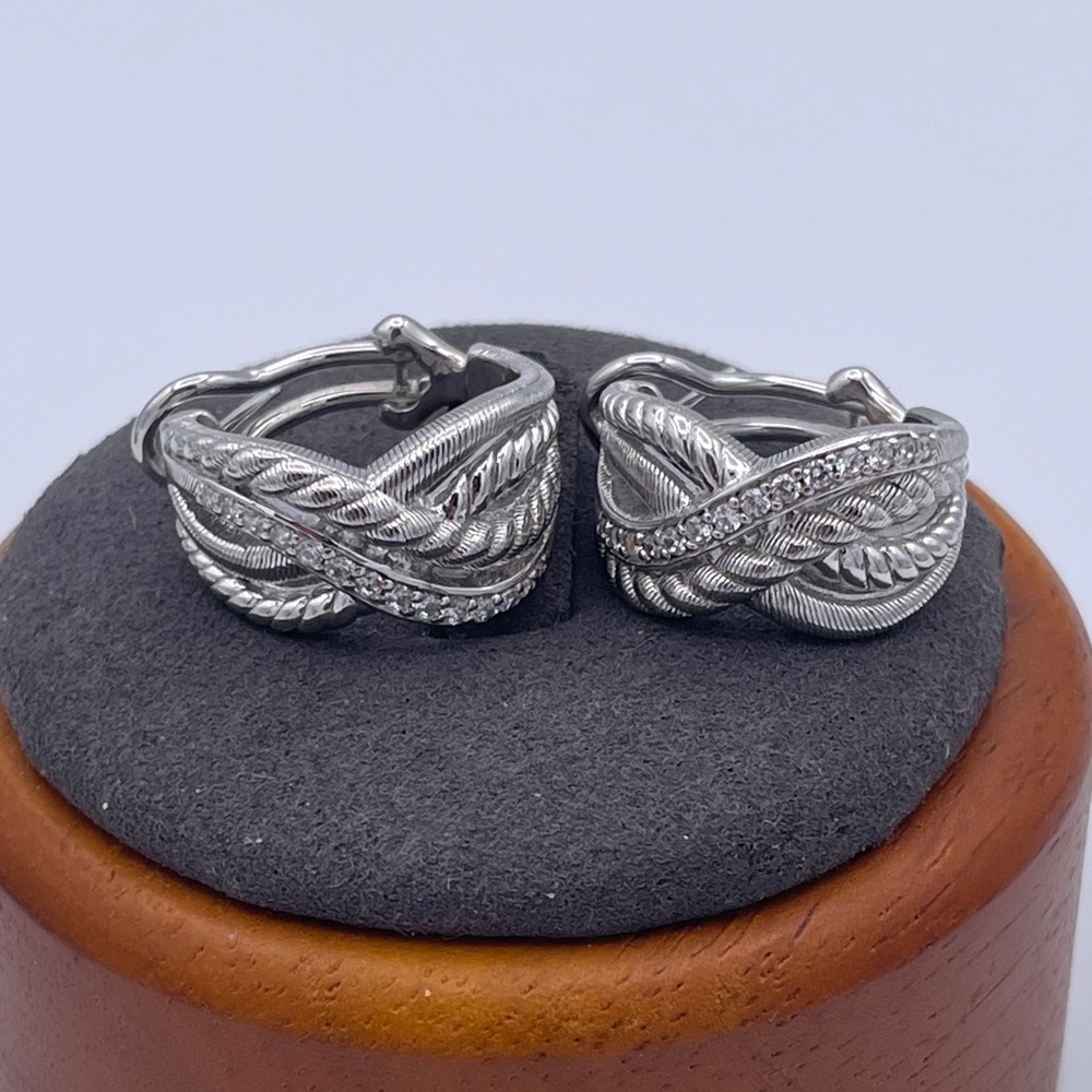 Judith Ripka Crossover CZ Hoop Earrings 925 Sterling Silver Omega Back 19.6mm